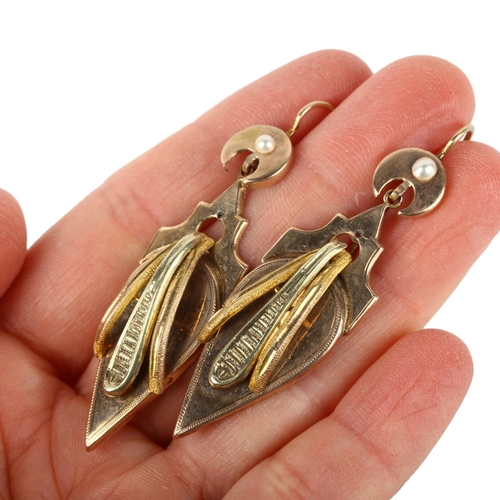 1128 - A pair of 19th century French two-colour gold drop earrings, with split pearl crescent moon shepherd... 