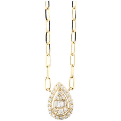 1131 - A modern 14ct gold diamond pear halo cluster pendant necklace, pave set with tapered baguette and mo... 