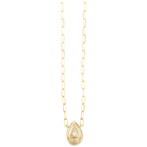 1131 - A modern 14ct gold diamond pear halo cluster pendant necklace, pave set with tapered baguette and mo... 