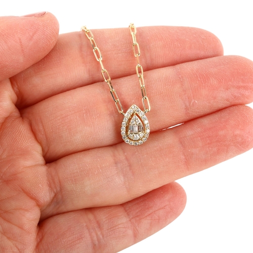 1131 - A modern 14ct gold diamond pear halo cluster pendant necklace, pave set with tapered baguette and mo... 