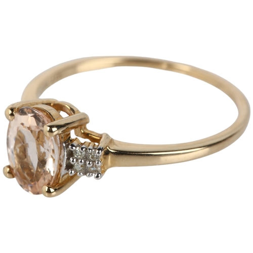 1132 - A modern 9ct gold solitaire morganite ring, Birmingham 2016, claw set with oval mixed-cut morganite ... 