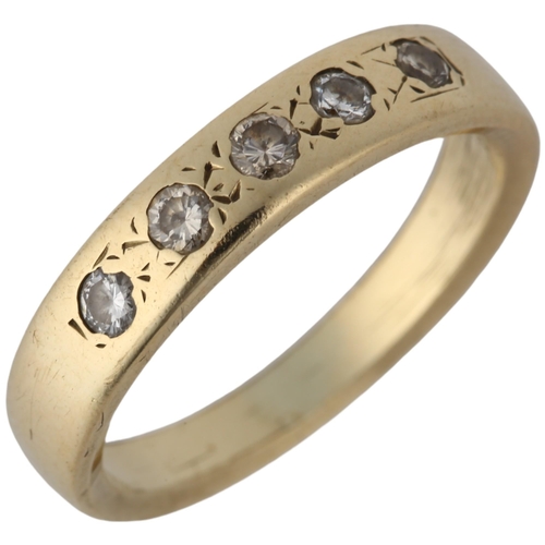 1137 - A modern five stone diamond band ring, unmarked gold set with modern round brilliant-cut diamonds, t... 