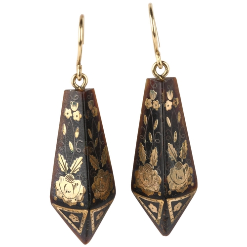 1138 - A pair of Victorian gold and silver pique inlaid tortoiseshell drop earrings, circa 1870, the half t... 