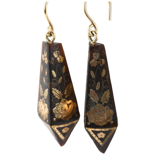 1138 - A pair of Victorian gold and silver pique inlaid tortoiseshell drop earrings, circa 1870, the half t... 