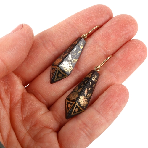 1138 - A pair of Victorian gold and silver pique inlaid tortoiseshell drop earrings, circa 1870, the half t... 