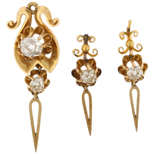 1139 - A set of 3 Victorian diamond pendant drops, circa 1860, comprising main two stone diamond drop, 27.3... 