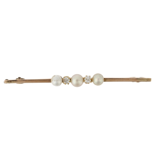 1140 - A French five stone whole pearl and diamond bar brooch, circa 1905, claw set with old-cut diamonds, ... 