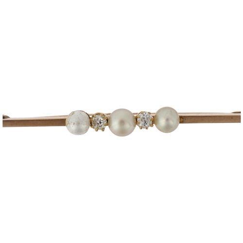 1140 - A French five stone whole pearl and diamond bar brooch, circa 1905, claw set with old-cut diamonds, ... 