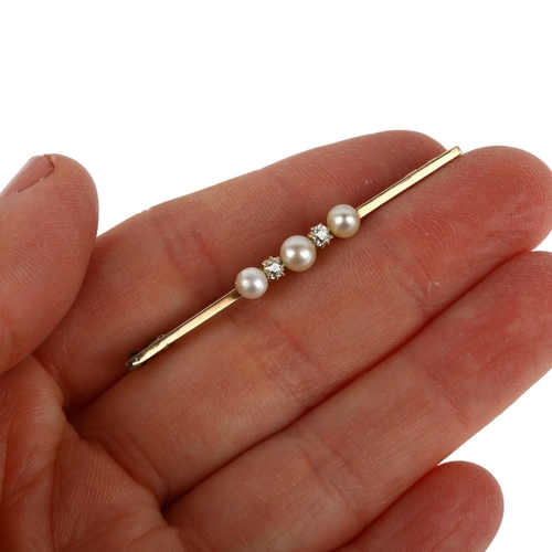 1140 - A French five stone whole pearl and diamond bar brooch, circa 1905, claw set with old-cut diamonds, ... 