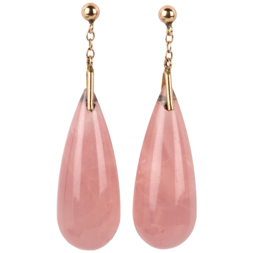 1145 - A pair of rose quartz drop earrings, each set with polished teardrop rose quartz, with unmarked rose... 