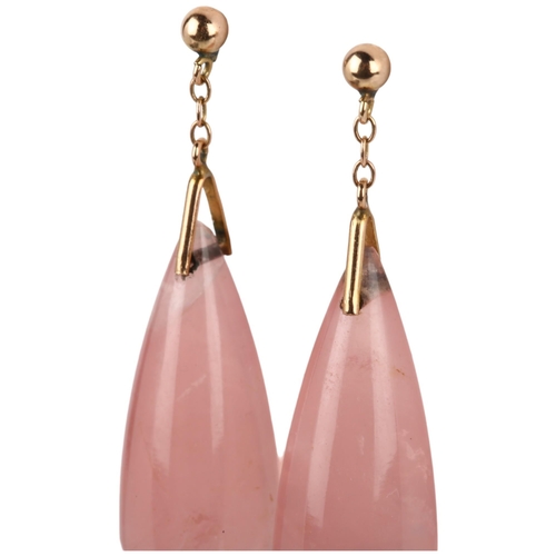 1145 - A pair of rose quartz drop earrings, each set with polished teardrop rose quartz, with unmarked rose... 