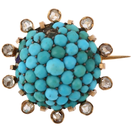 1146 - An Antique French turquoise and diamond bombe brooch, unmarked gold closed-back settings with round ... 