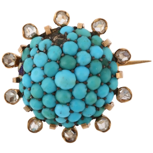 1146 - An Antique French turquoise and diamond bombe brooch, unmarked gold closed-back settings with round ... 