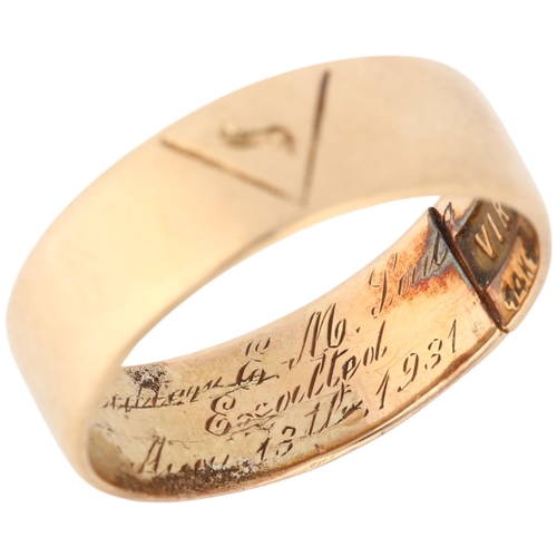 1148 - An early 20th century 14ct rose gold wedding band ring, with engraved dedication 