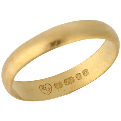 1150 - A mid-20th century 22ct gold wedding band ring, maker FM, London 1961, band width 3.6mm, size N, 2.9... 