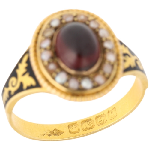 1156 - A 19th century 18ct gold garnet and pearl oval cluster mourning ring, indistinct maker, Birmingham 1... 