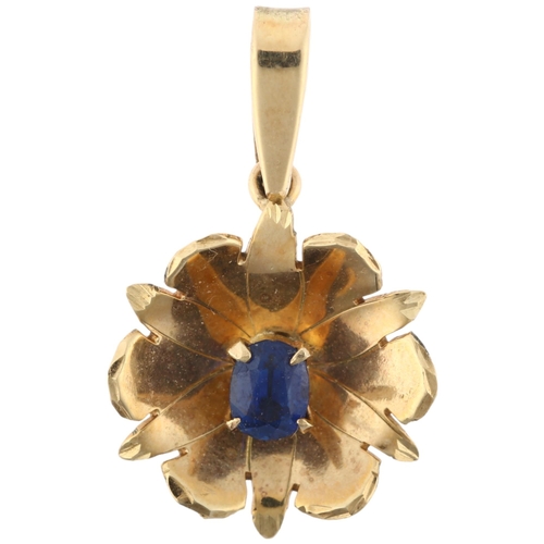 1166 - A late 20th century 9ct gold sapphire flowerhead drop pendant, maker WBS, London 1982, claw set with... 