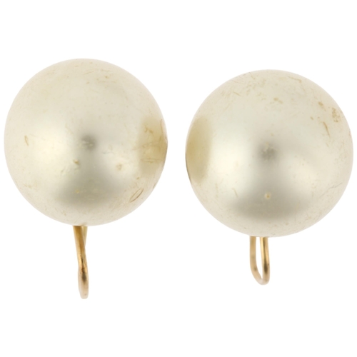 1169 - A pair of 9ct gold whole cultured pearl earrings, with screw-back fittings, 12mm pearls, 7.1g