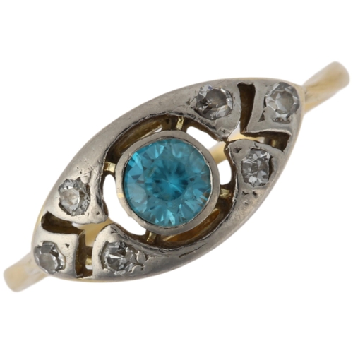 1170 - An Art Deco blue zircon and diamond openwork panel ring, apparently unmarked, setting height 7.6mm, ... 