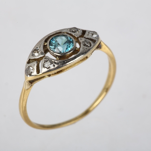 1170 - An Art Deco blue zircon and diamond openwork panel ring, apparently unmarked, setting height 7.6mm, ... 