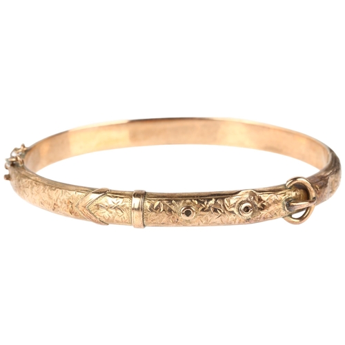 1171 - An early 20th century 9ct rose gold belt buckle hinged bangle, indistinct maker, Birmingham 1904, ba... 