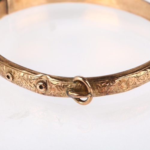 1171 - An early 20th century 9ct rose gold belt buckle hinged bangle, indistinct maker, Birmingham 1904, ba... 