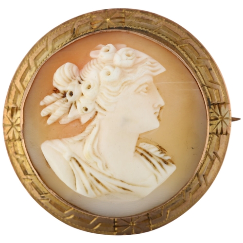 1173 - A 19th century 9ct rose gold shell cameo brooch, relief carved depicting Classical female profile, 3... 