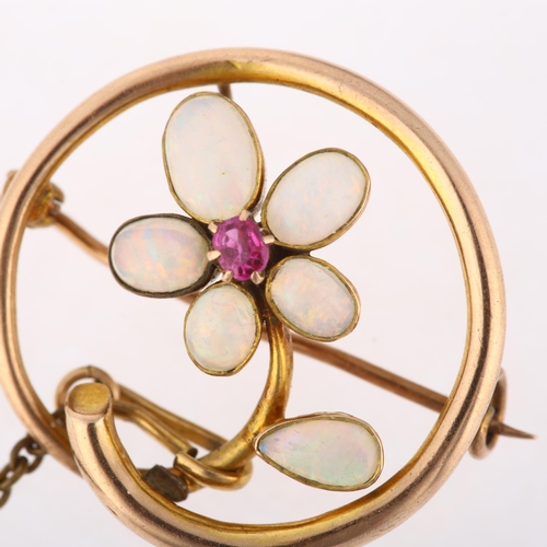 1175 - An Edwardian 9ct rose gold opal and ruby floral openwork brooch, circa 1905, 23.7mm, 2.5g