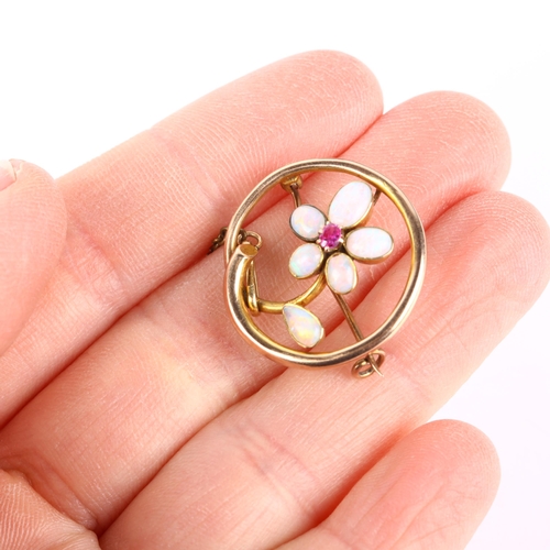 1175 - An Edwardian 9ct rose gold opal and ruby floral openwork brooch, circa 1905, 23.7mm, 2.5g