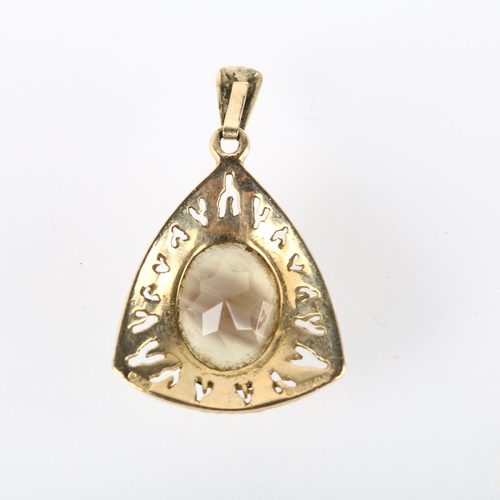 1176 - A 1970s 9ct gold smoky quartz naturalistic drop pendant, maker G&TJ, London 1971, claw set with oval... 