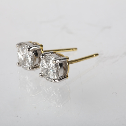 1182 - A pair of 18ct gold four stone diamond circular cluster earrings, each claw set with 4 triangular se... 