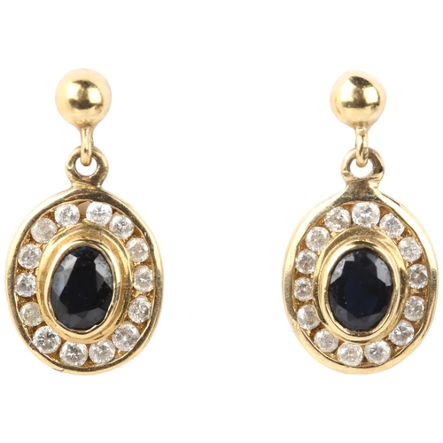 1185 - A pair of 9ct gold sapphire and diamond oval cluster drop earrings, rub-over set with oval mixed-cut... 