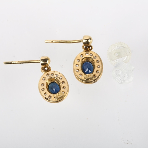 1185 - A pair of 9ct gold sapphire and diamond oval cluster drop earrings, rub-over set with oval mixed-cut... 