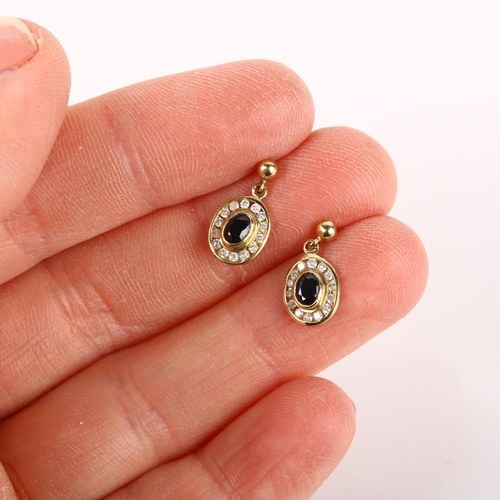 1185 - A pair of 9ct gold sapphire and diamond oval cluster drop earrings, rub-over set with oval mixed-cut... 