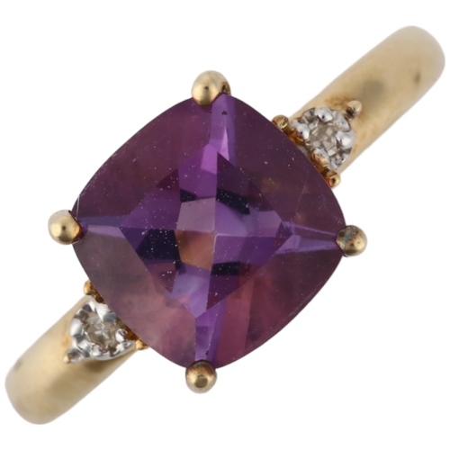 1188 - A modern 9ct gold amethyst and diamond dress ring, setting height 8mm, size L, 2g