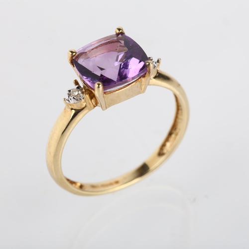 1188 - A modern 9ct gold amethyst and diamond dress ring, setting height 8mm, size L, 2g