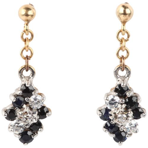 1189 - A pair of 9ct gold sapphire and cubic zirconia drop earrings, with stud fittings, 19.5mm, 1.3g gross