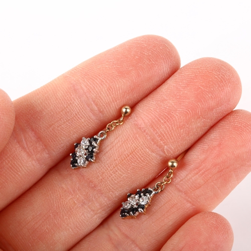 1189 - A pair of 9ct gold sapphire and cubic zirconia drop earrings, with stud fittings, 19.5mm, 1.3g gross