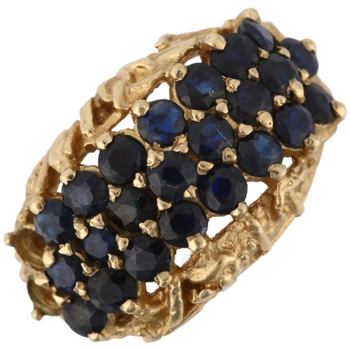 1191 - A late 20th century 9ct gold triple-row sapphire dress ring, maker RJ, London 1978, claw set with ro... 