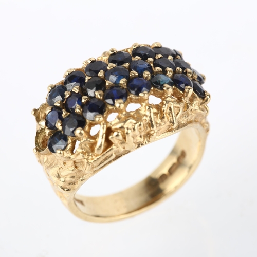 1191 - A late 20th century 9ct gold triple-row sapphire dress ring, maker RJ, London 1978, claw set with ro... 