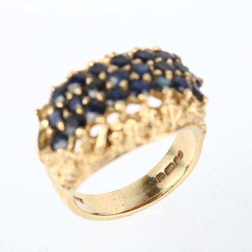 1191 - A late 20th century 9ct gold triple-row sapphire dress ring, maker RJ, London 1978, claw set with ro... 