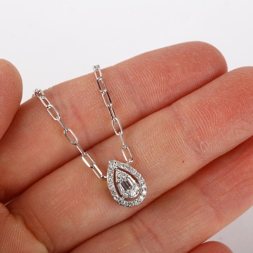 1197 - A modern 14ct white gold diamond pear halo cluster pendant necklace, pave set with baguette and mode... 