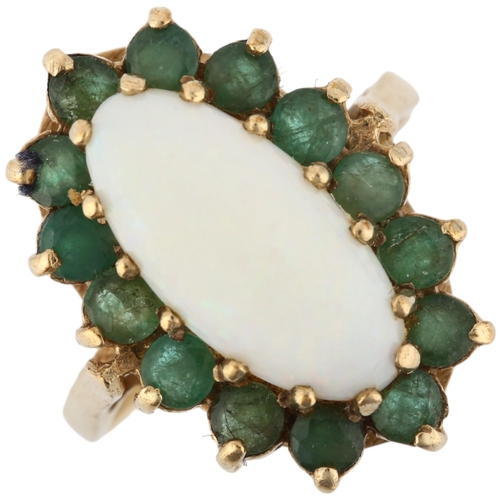 1202 - A late 20th century 9ct gold opal and emerald oval cluster ring, maker RJ, London 1976, claw set wit... 