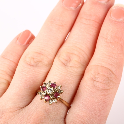 1209 - A late 20th century 9ct gold ruby and diamond snowflake cluster ring, maker MM Ltd, London 1982, cla... 