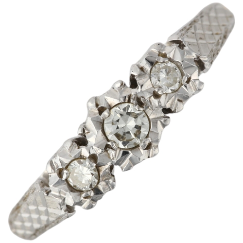 1210 - A mid-20th century 18ct gold three stone diamond ring, illusion set with modern round brilliant-cut ... 