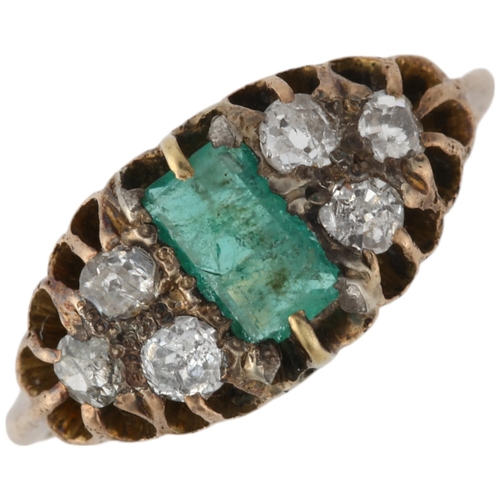 1217 - An Antique emerald and diamond half hoop ring, unmarked yellow metal settings with rectangular step-... 