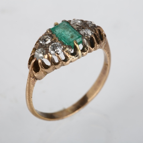 1217 - An Antique emerald and diamond half hoop ring, unmarked yellow metal settings with rectangular step-... 