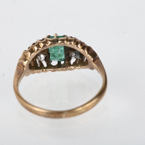 1217 - An Antique emerald and diamond half hoop ring, unmarked yellow metal settings with rectangular step-... 