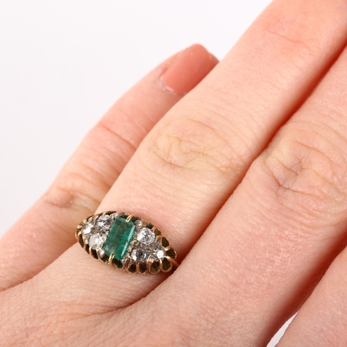 1217 - An Antique emerald and diamond half hoop ring, unmarked yellow metal settings with rectangular step-... 