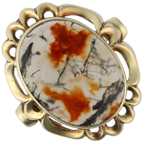 1220 - A Continental 14ct gold moss agate dress ring, rub-over set with oval cabochon agate, setting height... 